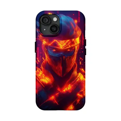 Neon Ninja Warrior Glowing Red Fire Background