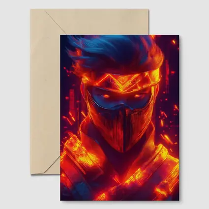 Neon Ninja Warrior Glowing Red Fire Background