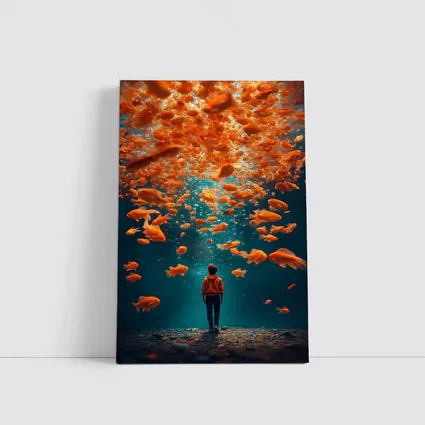 Man Standing Underwater Surrounded By Goldfish