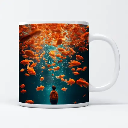 Man Standing Underwater Surrounded By Goldfish