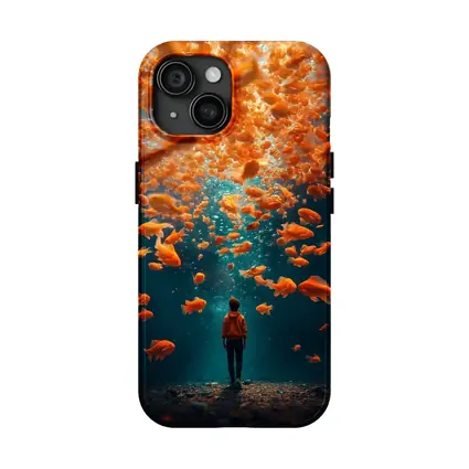 Man Standing Underwater Surrounded By Goldfish