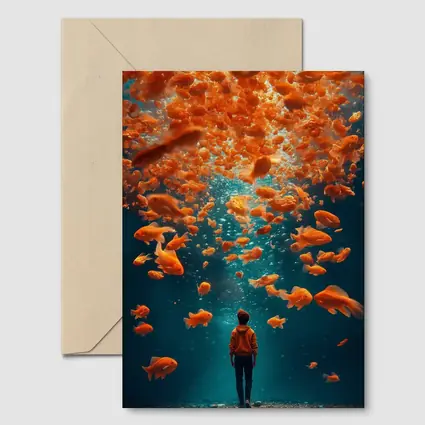 Man Standing Underwater Surrounded By Goldfish