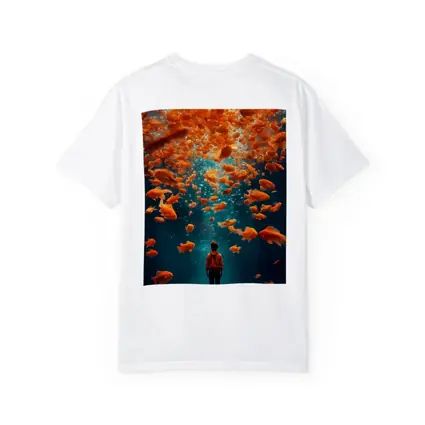 Man Standing Underwater Surrounded By Goldfish