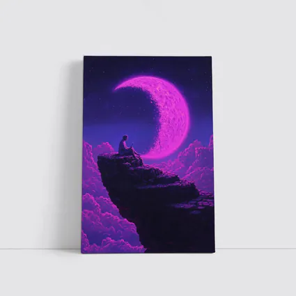 Person Sitting On Cliff Under Purple Moon