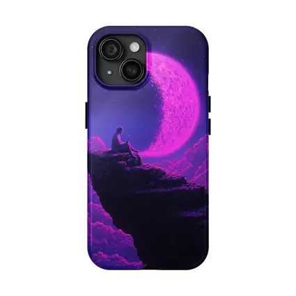Person Sitting On Cliff Under Purple Moon