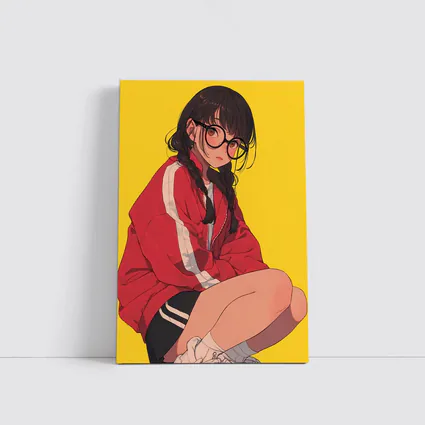 Anime Girl Red Jacket Yellow Background