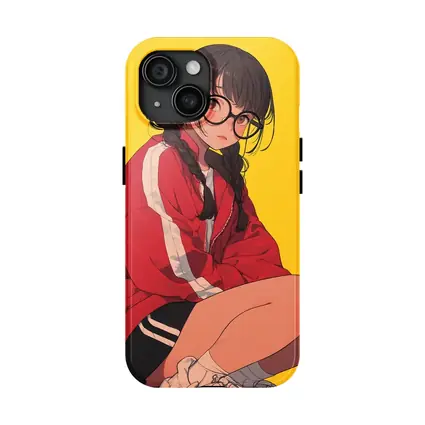 Anime Girl Red Jacket Yellow Background
