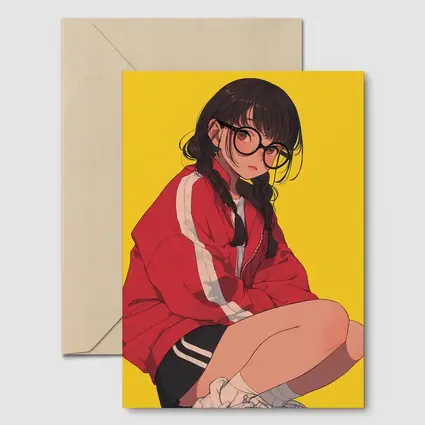Anime Girl Red Jacket Yellow Background