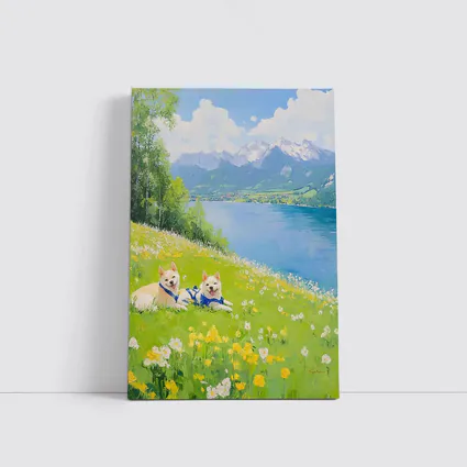 Two Akita Dogs Resting Alpine Lake Meadow