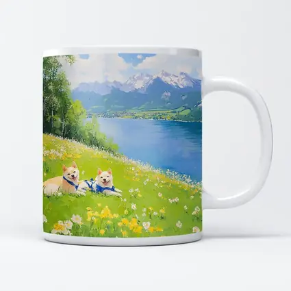 Two Akita Dogs Resting Alpine Lake Meadow