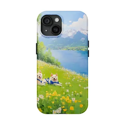 Two Akita Dogs Resting Alpine Lake Meadow