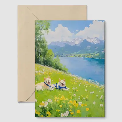 Two Akita Dogs Resting Alpine Lake Meadow
