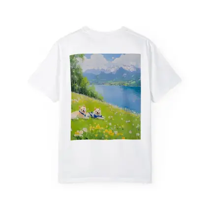 Two Akita Dogs Resting Alpine Lake Meadow