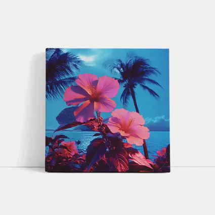Pink Hibiscus Flowers Tropical Ocean Blue Sky