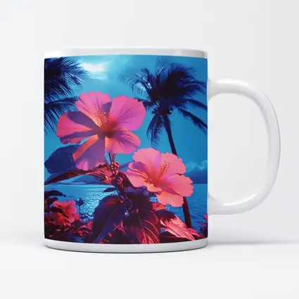 Pink Hibiscus Flowers Tropical Ocean Blue Sky