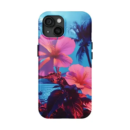 Pink Hibiscus Flowers Tropical Ocean Blue Sky