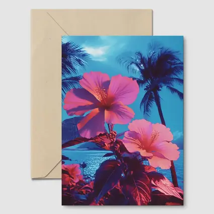 Pink Hibiscus Flowers Tropical Ocean Blue Sky