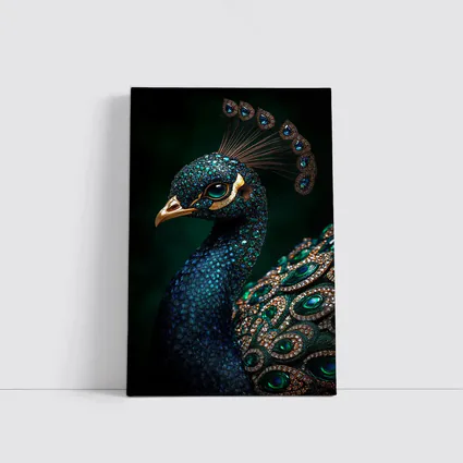 Jeweled Peacock Portrait Dark Green Background