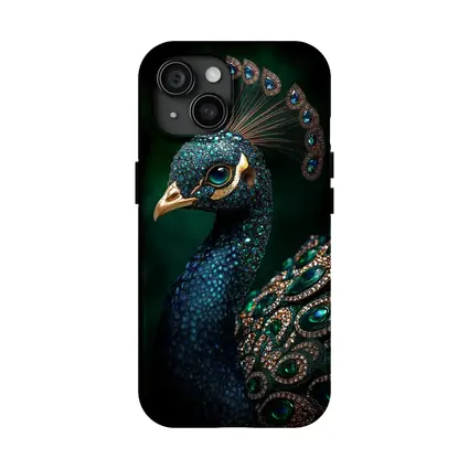 Jeweled Peacock Portrait Dark Green Background