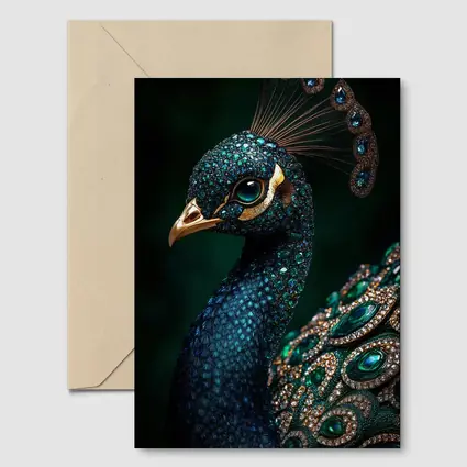 Jeweled Peacock Portrait Dark Green Background