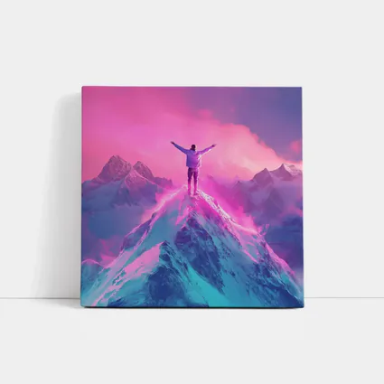 Man On Mountain Peak Neon Pink Sky