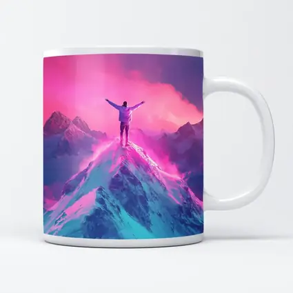 Man On Mountain Peak Neon Pink Sky