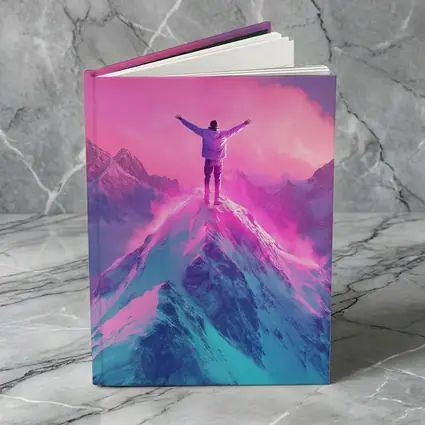 Man On Mountain Peak Neon Pink Sky
