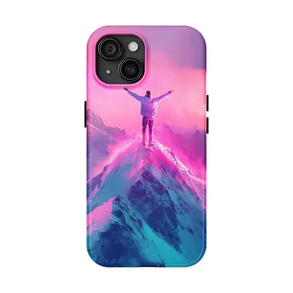 Man On Mountain Peak Neon Pink Sky