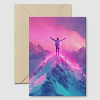 Man On Mountain Peak Neon Pink Sky