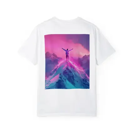 Man On Mountain Peak Neon Pink Sky