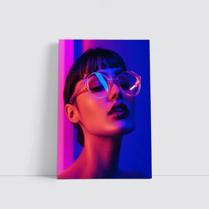 Woman Neon Lights Blue Pink Portrait