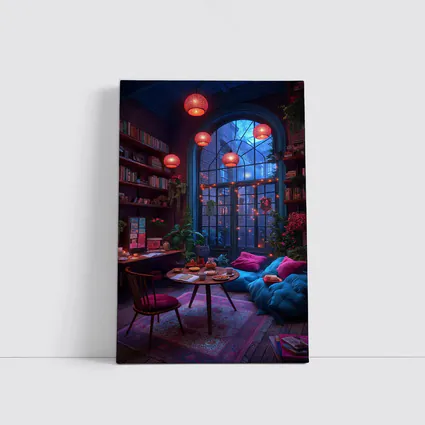 Cozy Bohemian Reading Room Night Glowing