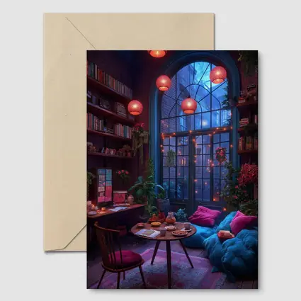 Cozy Bohemian Reading Room Night Glowing