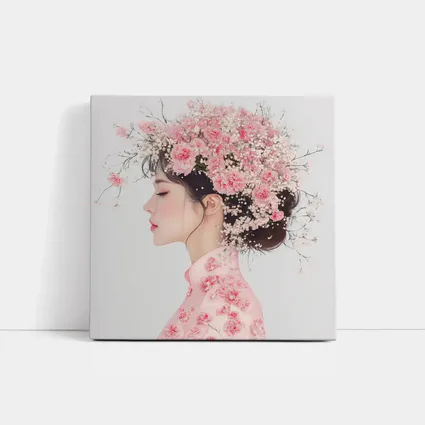 Asian Woman Pink Carnations Floral Headdress Art