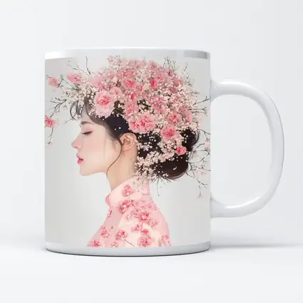 Asian Woman Pink Carnations Floral Headdress Art