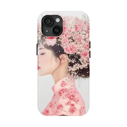 Asian Woman Pink Carnations Floral Headdress Art