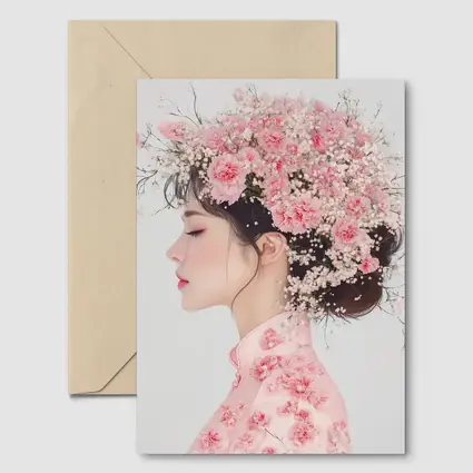 Asian Woman Pink Carnations Floral Headdress Art