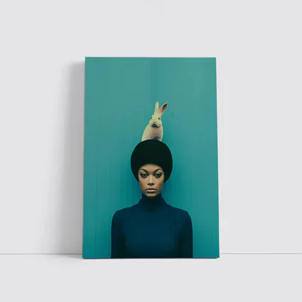 Woman With Rabbit On Head Teal Background