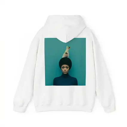 Woman With Rabbit On Head Teal Background