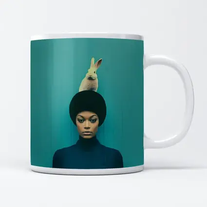 Woman With Rabbit On Head Teal Background