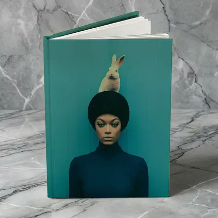 Woman With Rabbit On Head Teal Background