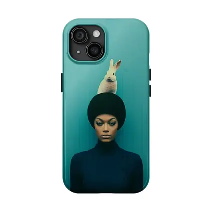Woman With Rabbit On Head Teal Background
