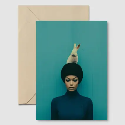 Woman With Rabbit On Head Teal Background