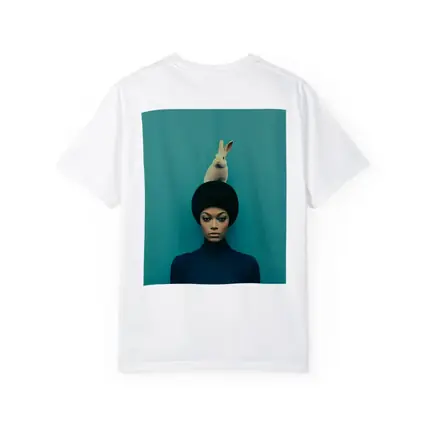 Woman With Rabbit On Head Teal Background