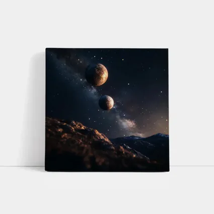 Two Planets Over Rocky Alien Landscape Night