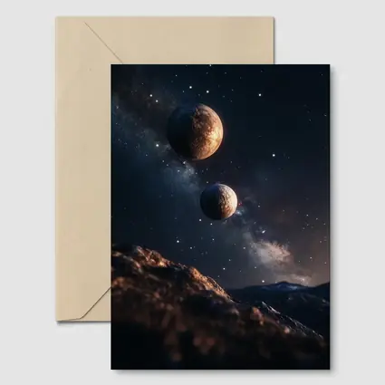 Two Planets Over Rocky Alien Landscape Night