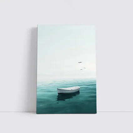 White Rowboat Floating Calm Teal Ocean