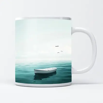 White Rowboat Floating Calm Teal Ocean