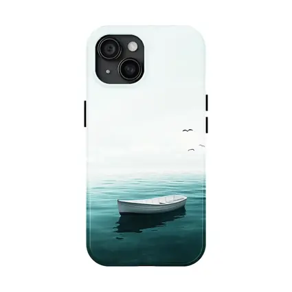 White Rowboat Floating Calm Teal Ocean