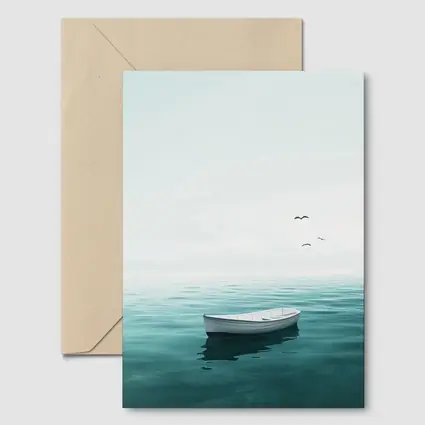 White Rowboat Floating Calm Teal Ocean